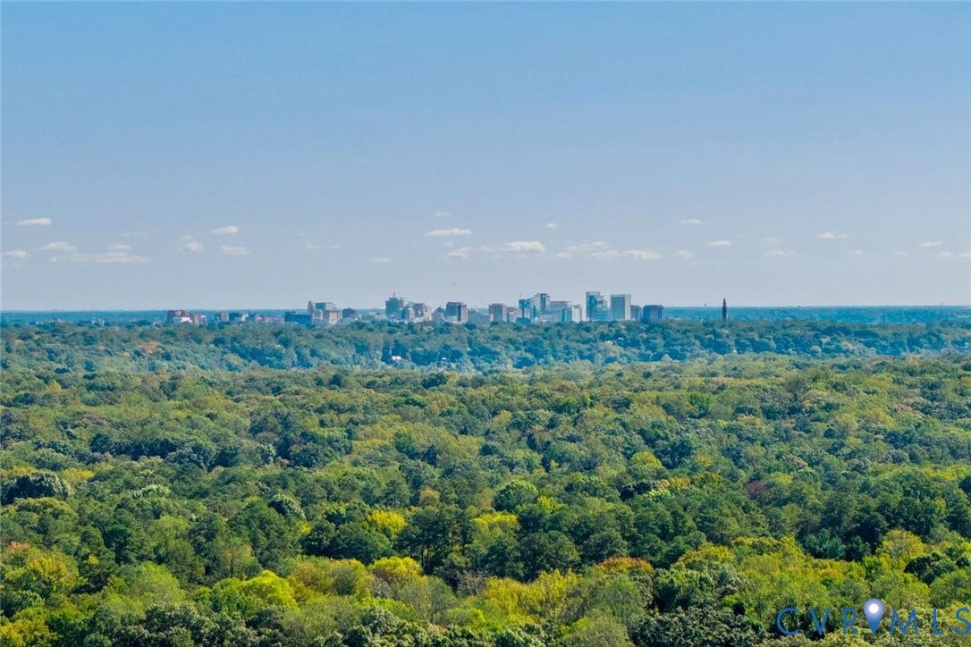 9013 Old Holly Road, Southhampton, Richmond, VA 23235 Expansive tree canopy with a distant city skyline under a clear sky