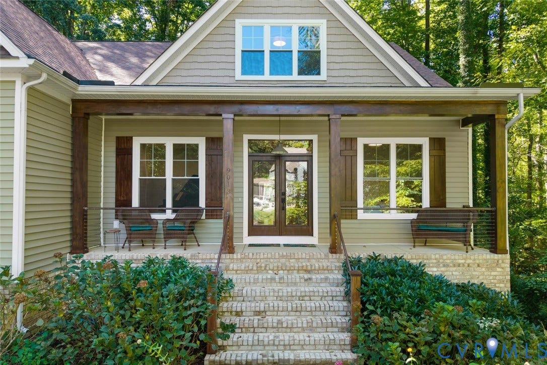 9013 Old Holly Road, Southhampton, Richmond, VA 23235 Inviting covered porch with robust wood-beam supports, double-pane windows, brick stairs, and lush perimeter landscaping