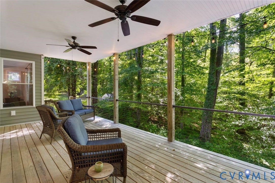 9013 Old Holly Road, Southhampton, Richmond, VA 23235 Expansive covered deck featuring a wood plank floor, multiple ceiling fans, and cable railing