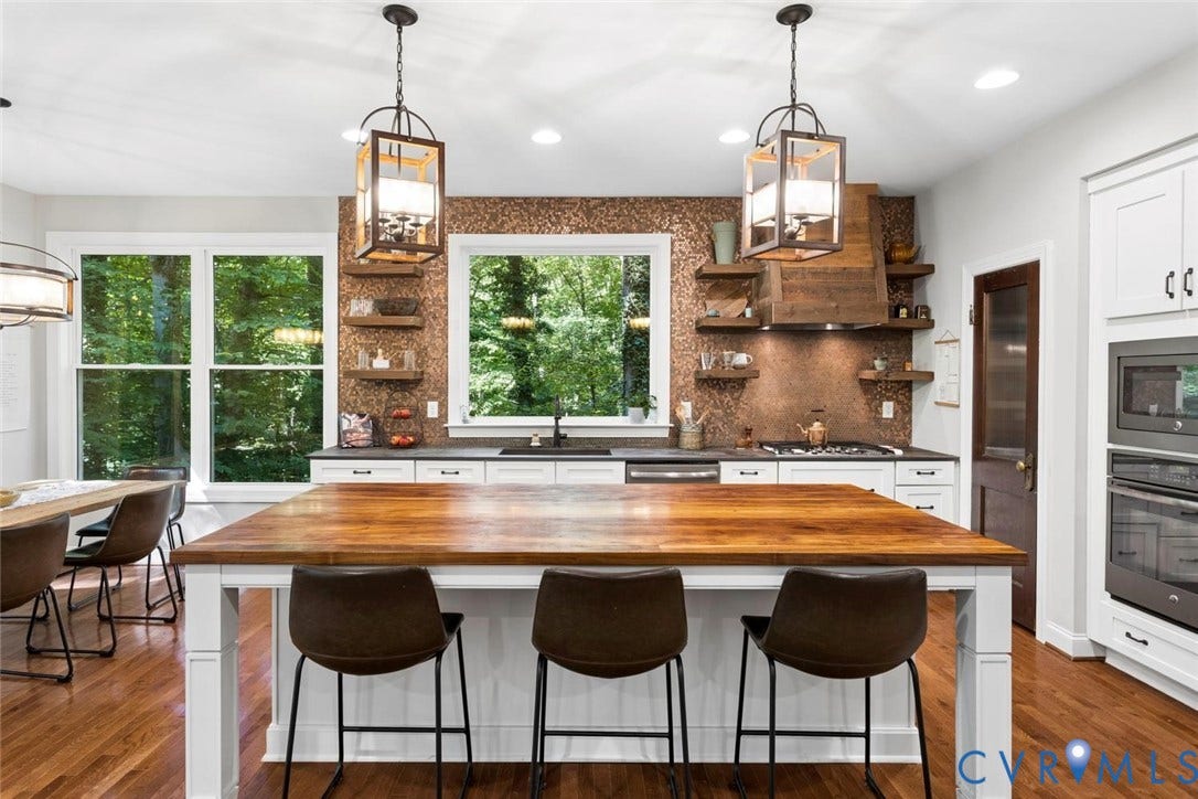 9013 Old Holly Road, Southhampton, Richmond, VA 23235 Spacious kitchen featuring a large wood-finish island, white cabinetry with dark hardware, a copper-toned backsplash, and wood-finish open shelving