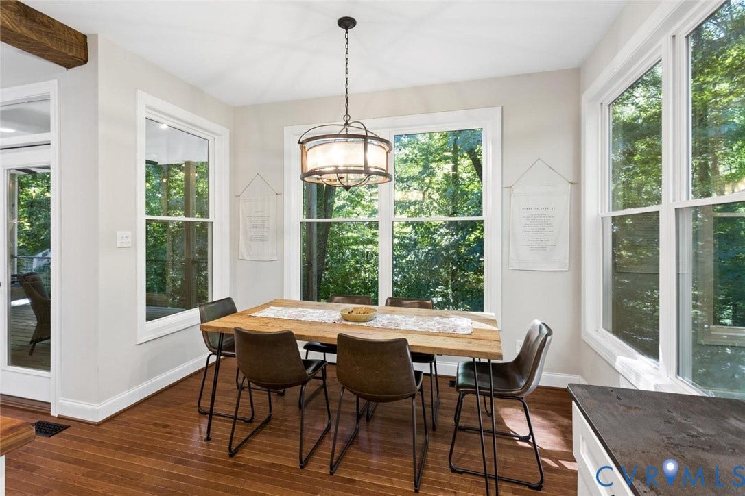 9013 Old Holly Road, Southhampton, Richmond, VA 23235 Hardwood flooring, white trim, recessed lighting, exposed wood beam, and suspended drum chandelier