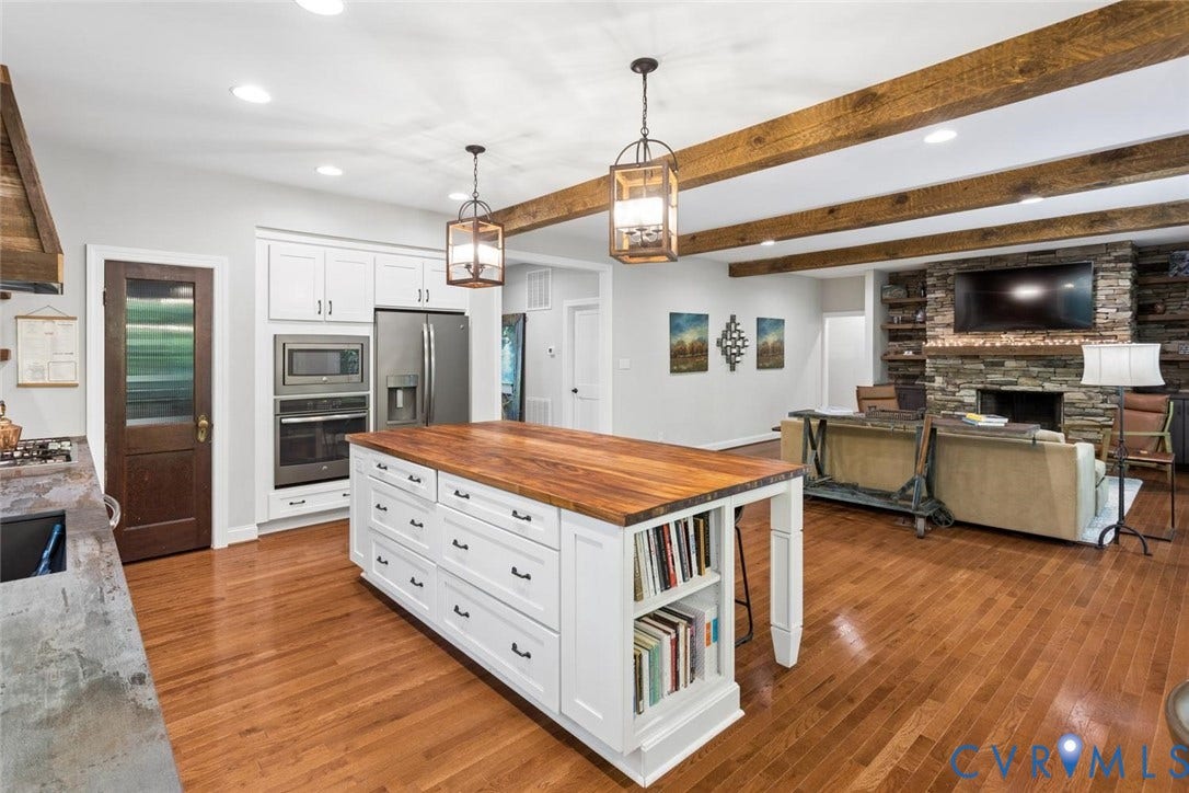 9013 Old Holly Road, Southhampton, Richmond, VA 23235 Kitchen featuring wood-finish flooring, white cabinetry, stainless steel appliances, and a wood-top island with storage