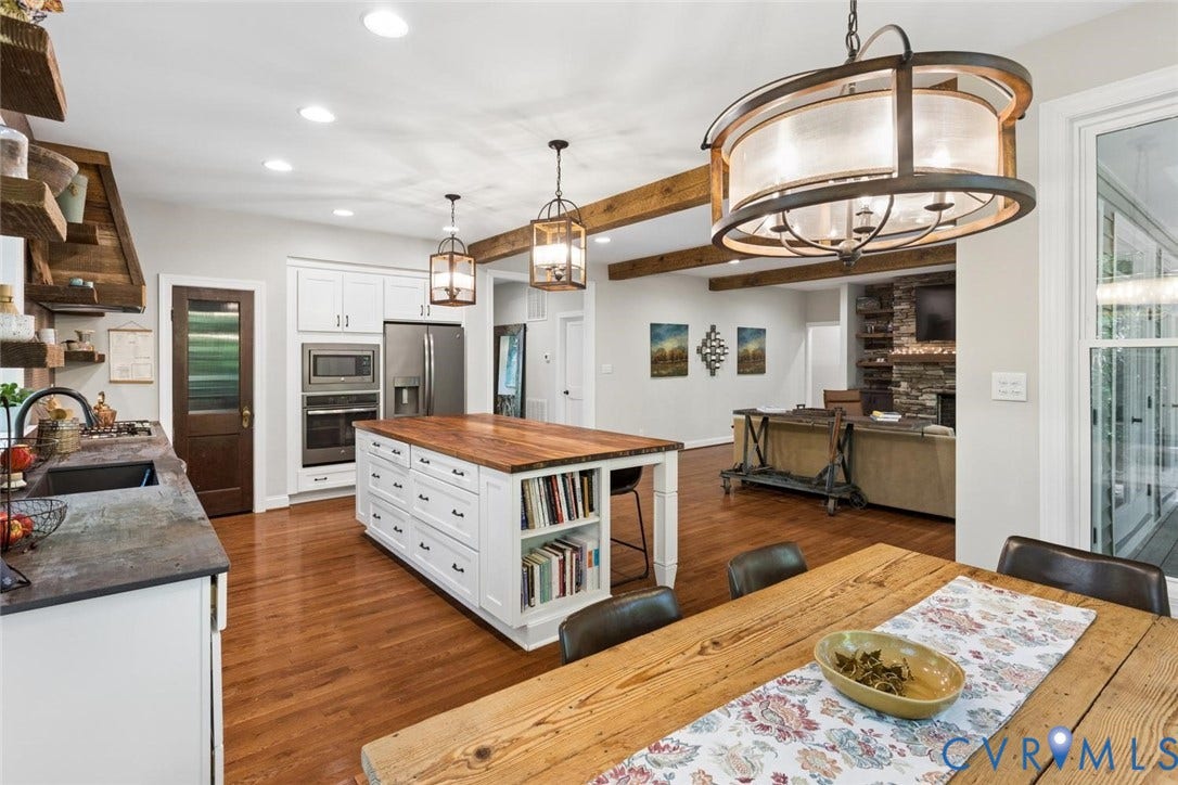 9013 Old Holly Road, Southhampton, Richmond, VA 23235 Wood-finish flooring throughout, kitchen island with built-in shelving, stainless steel appliances, exposed wood beams, and a stone-clad fireplace