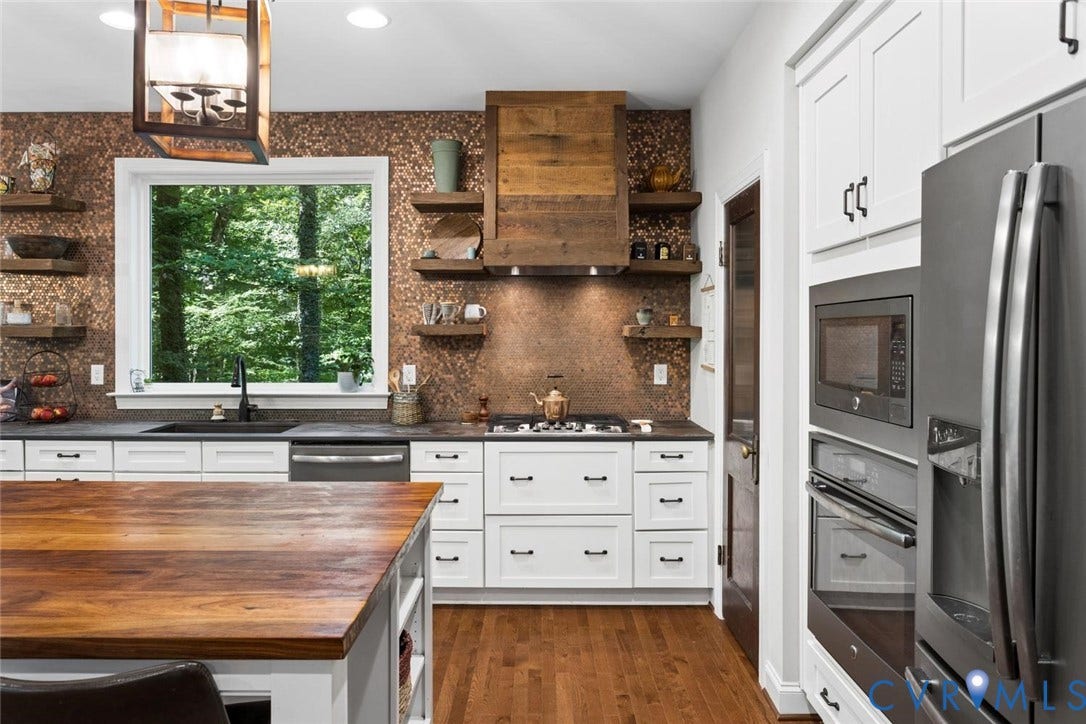 9013 Old Holly Road, Southhampton, Richmond, VA 23235 White cabinetry with dark hardware, wood-finish flooring, built-in stainless steel appliances, a kitchen island with a wood countertop, and a textured metallic backsplash