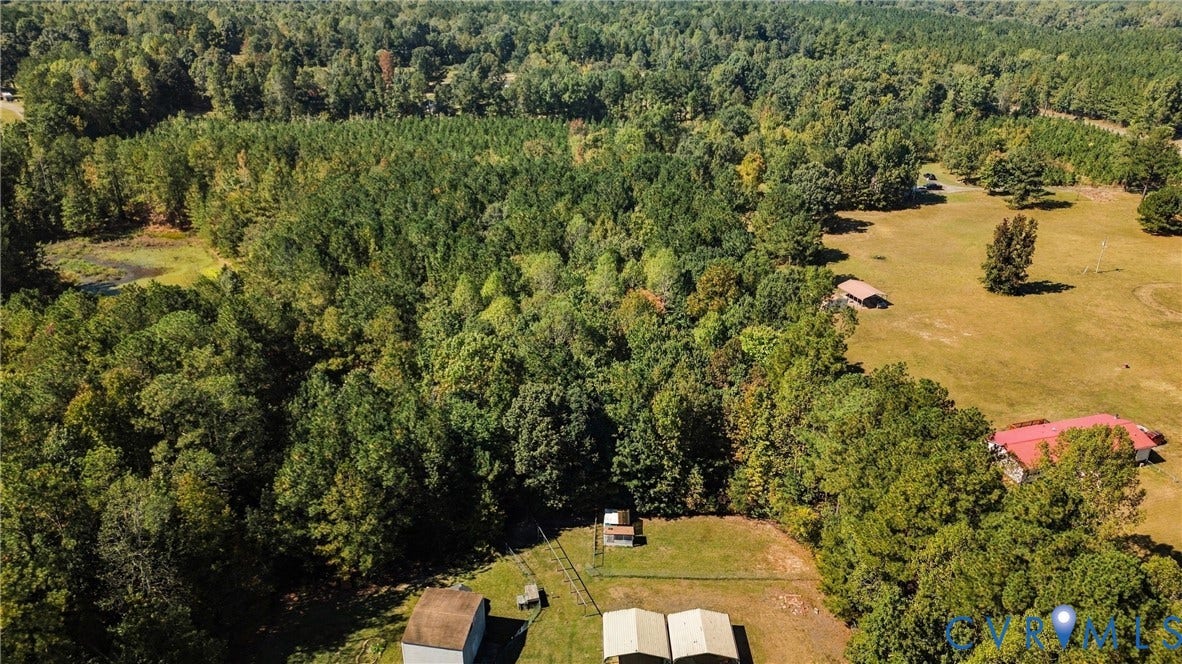 8211 Brills Road, Dinwiddie, VA 23872 Expansive rural landscape featuring mature trees, a forested area, open fields, a metal-roofed structure, and a shed