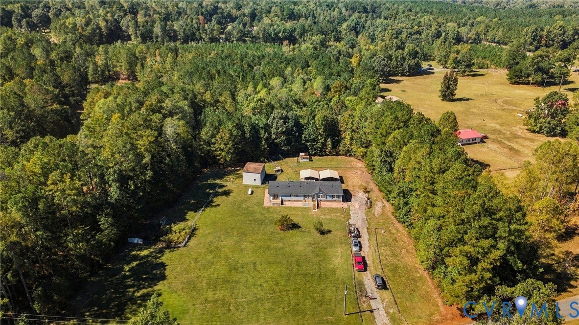8211 Brills Road, Dinwiddie, VA 23872 Expansive lot featuring a single-story residence, a detached auxiliary building, and a private driveway