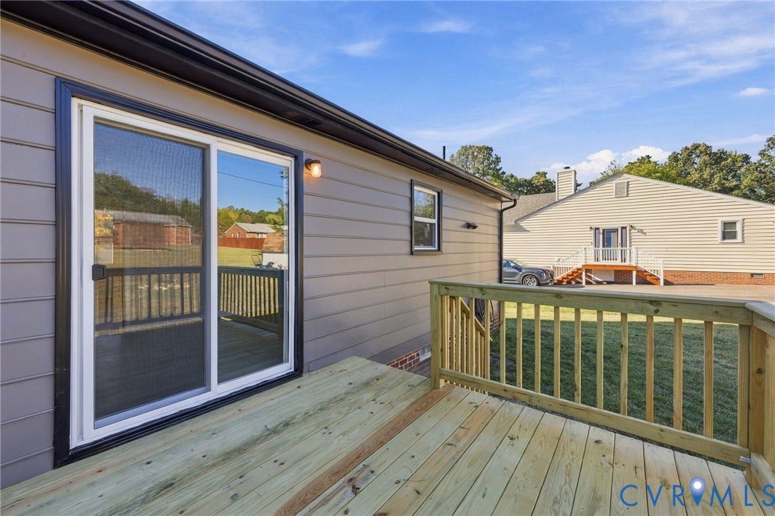 5113 Olympic Lane, North Dinwiddie, VA 23803 Exterior siding, sliding glass door, outdoor lighting fixture, wood deck, wood railing