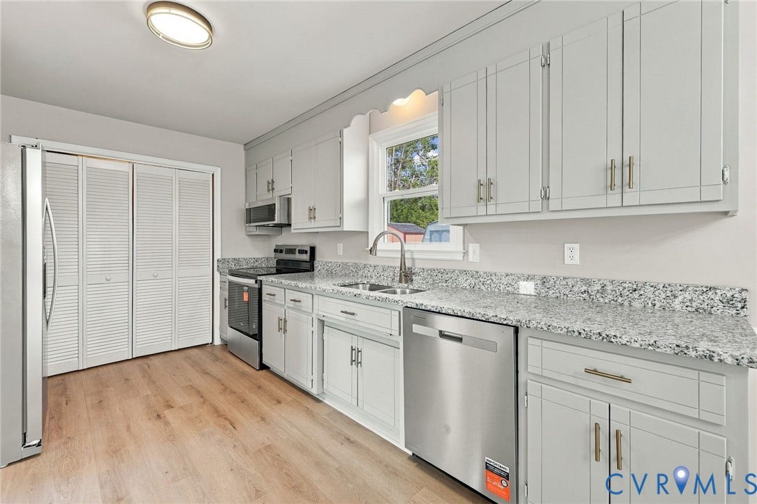 5113 Olympic Lane, North Dinwiddie, VA 23803 Wood-finish flooring, stainless steel appliances, grey cabinetry, double basin sink, and ample countertop space