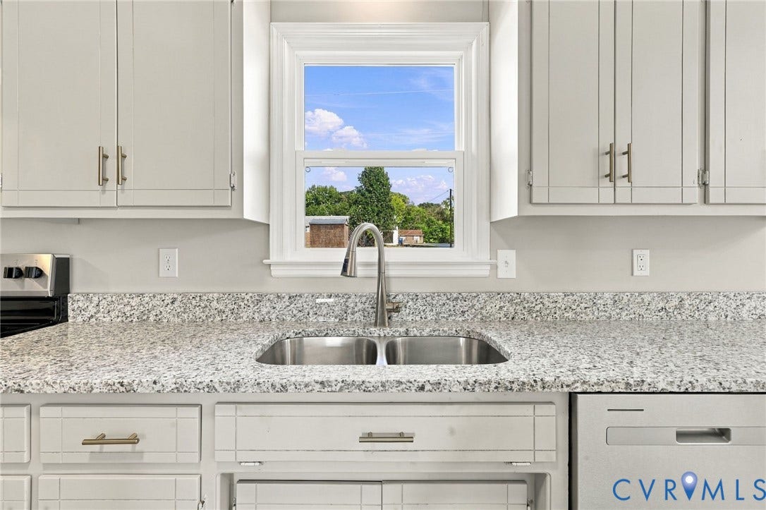 5113 Olympic Lane, North Dinwiddie, VA 23803 Light-toned cabinetry with brass hardware, speckled countertops, stainless steel double basin sink with a gooseneck faucet, and an integrated dishwasher