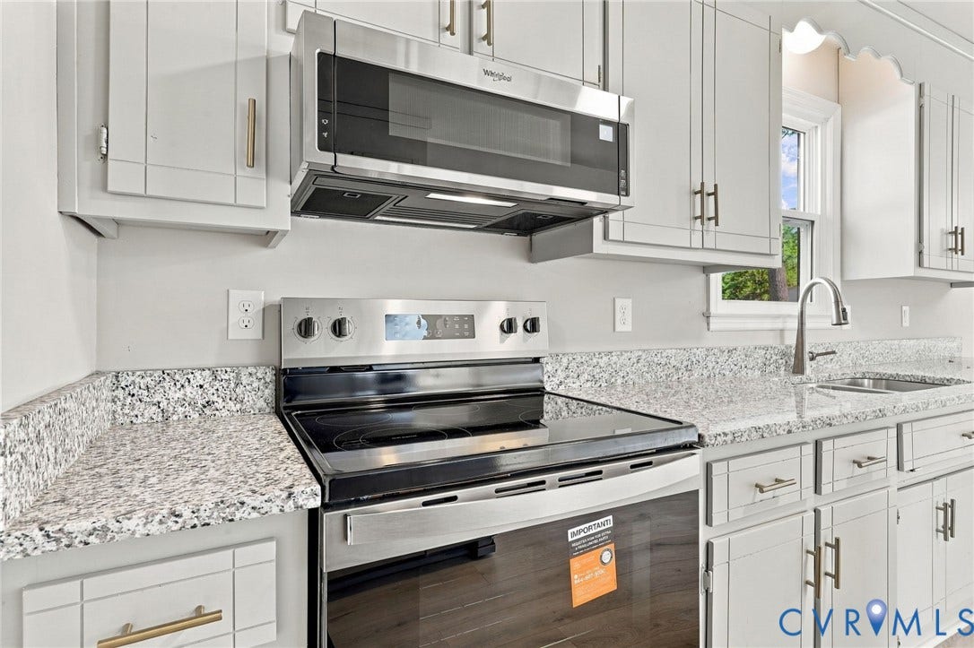 5113 Olympic Lane, North Dinwiddie, VA 23803 White cabinetry, stainless steel appliances, speckled countertops, undermount sink, and a gooseneck faucet