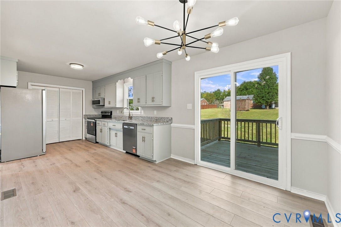 5113 Olympic Lane, North Dinwiddie, VA 23803 Light wood-finish flooring, kitchen with light cabinetry, stainless steel appliances, and granite-look countertops