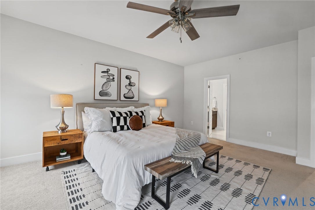 597 Weaver Brook Walk, #B, Richmond, VA 23233 Spacious room featuring neutral carpeting, a ceiling fan with integrated lighting, and a doorway opening to a secondary room