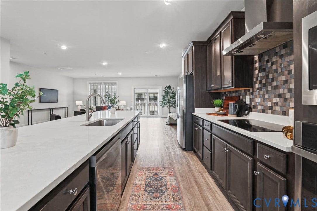 597 Weaver Brook Walk, #B, Richmond, VA 23233 Kitchen featuring dark cabinetry, expansive quartz countertops, stainless steel appliances, a mosaic tile backsplash, and wood-finish flooring
