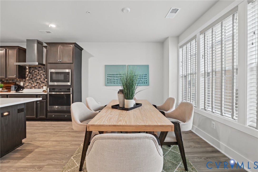 597 Weaver Brook Walk, #B, Richmond, VA 23233 Open-concept area featuring wood-finish flooring, dark-toned cabinetry, stainless steel built-in oven, microwave, and expansive window coverage with horizontal blinds