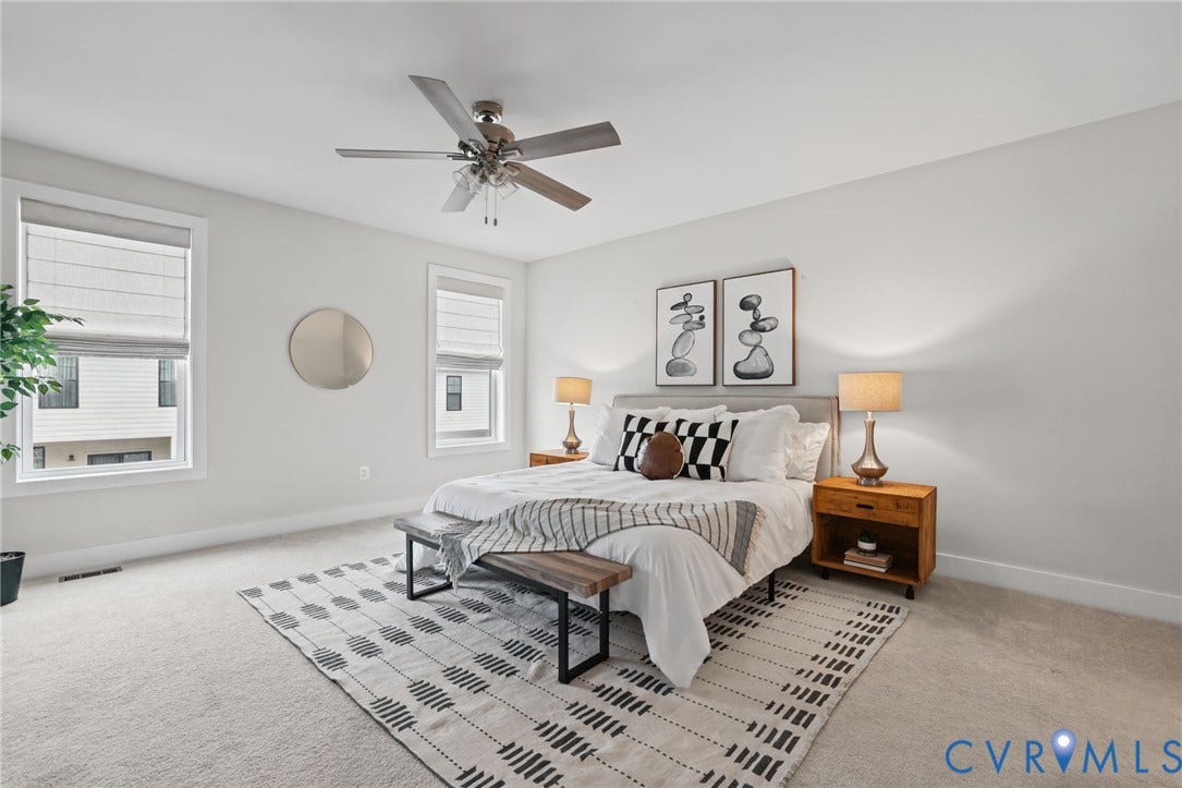 597 Weaver Brook Walk, #B, Richmond, VA 23233 Neutral wall-to-wall carpeting, two dual-pane windows with fitted shades, and a ceiling fan with integrated lighting