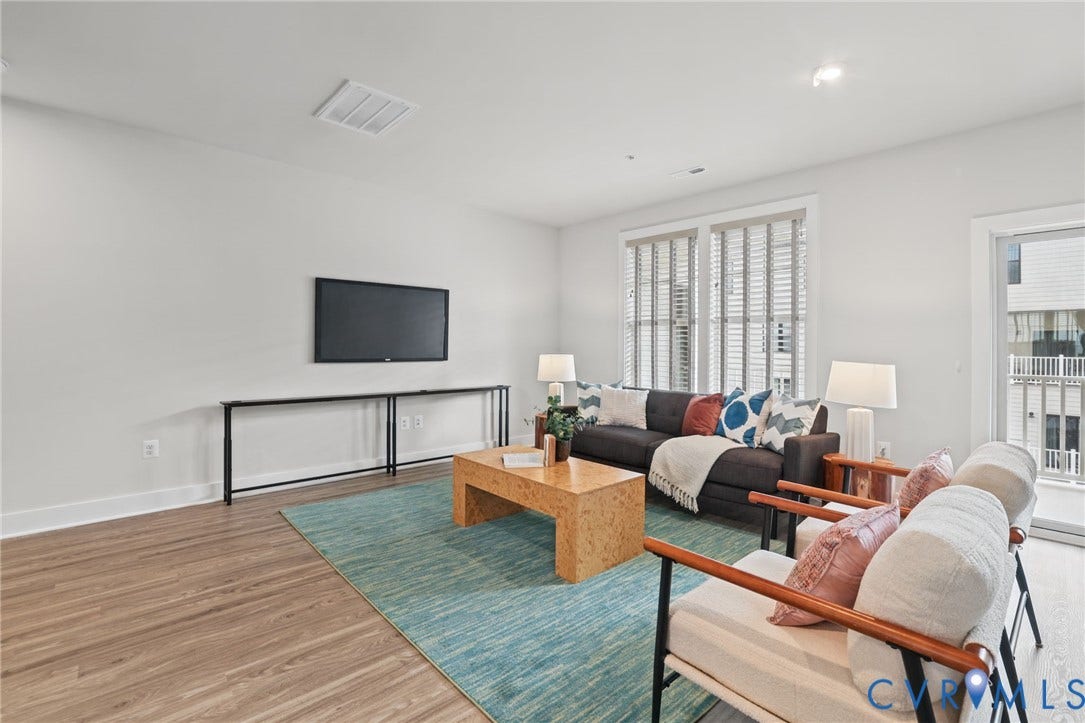 597 Weaver Brook Walk, #B, Richmond, VA 23233 Living area featuring wood-finish flooring, neutral wall tones, recessed lighting, and large windows with horizontal blinds