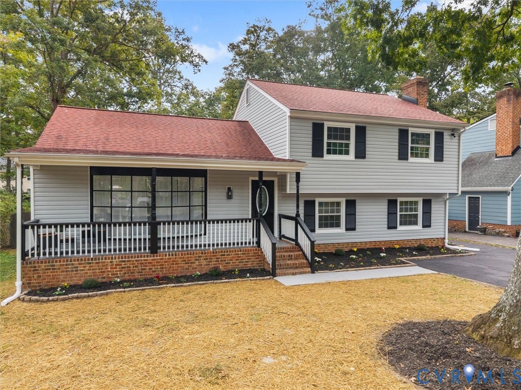 2031 Esquire Road, Midlothian, VA 23235 Split-level residence featuring light gray siding, a red roof, and dark shutters