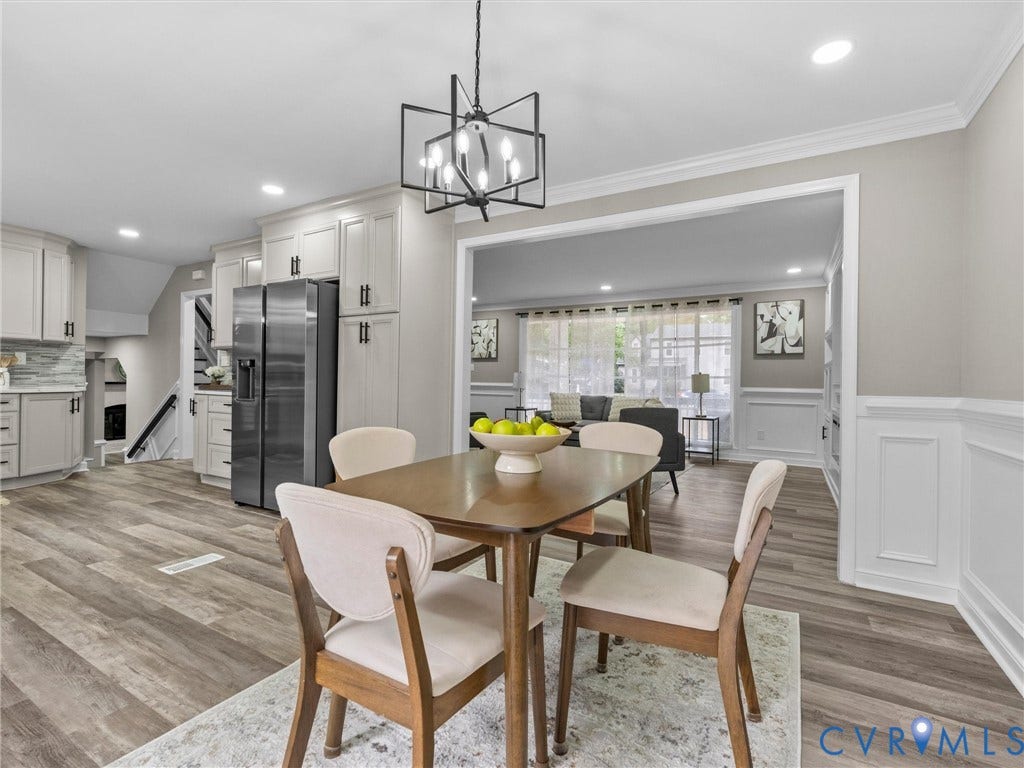 2031 Esquire Road, Midlothian, VA 23235 Open concept living area with wood-finish flooring, recessed lighting, crown molding, and wainscoting
