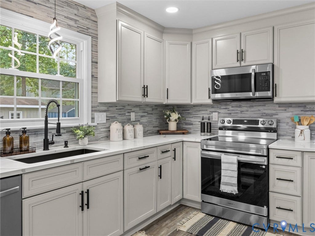 2031 Esquire Road, Midlothian, VA 23235 Kitchen featuring light gray cabinetry, white countertops, stainless steel appliances, a black sink, and a light-toned tile backsplash