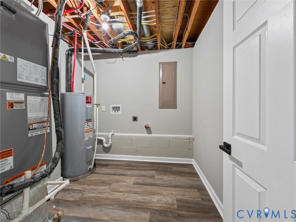 2031 Esquire Road, Midlothian, VA 23235 Utility room with wood-finish flooring, a white panel door with black hardware, and a water heater