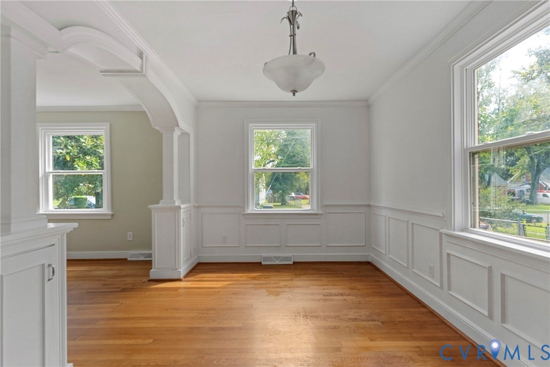 Hardwood flooring, wainscoting, crown molding