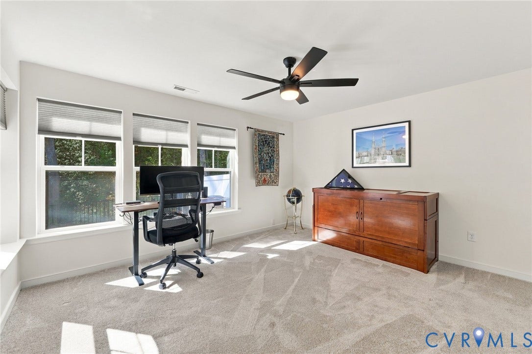 Recessed lighting, 4TH BEDROOM, ceiling fan, multiple windows with blinds, and carpeted flooring