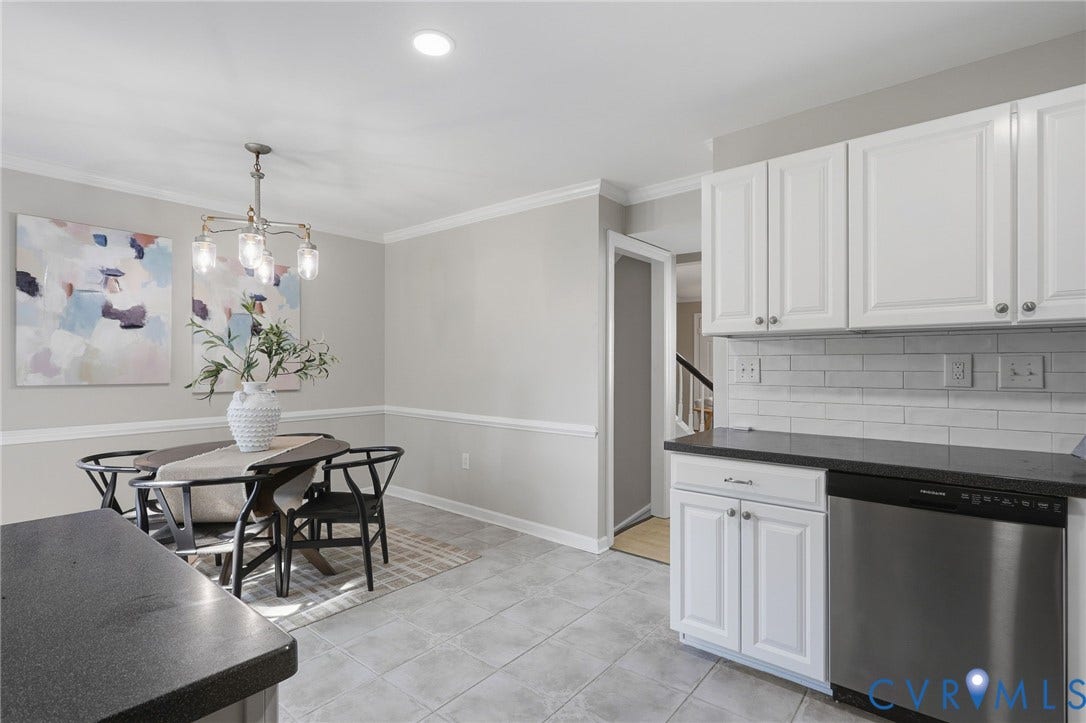55 Dehaven Drive, Henrico, VA 23238 Tile flooring with a neutral finish, white cabinetry, dark countertops, and a subway tile backsplash