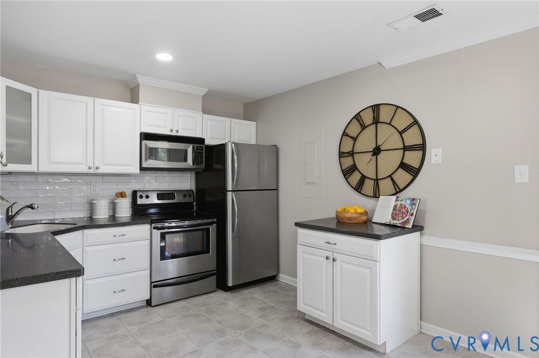 55 Dehaven Drive, Henrico, VA 23238 Updated kitchen featuring white shaker cabinetry, dark countertops, stainless steel appliances, a subway tile backsplash, and recessed lighting