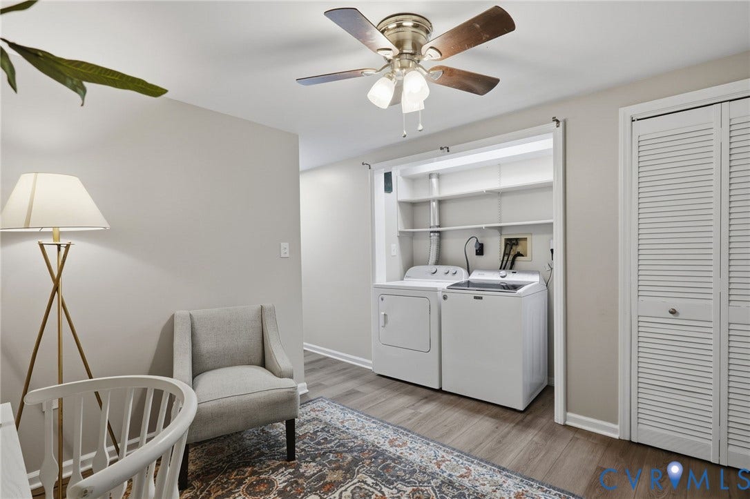 55 Dehaven Drive, Henrico, VA 23238 Laundry area with built-in shelving, wood-finish flooring, and a ceiling fan
