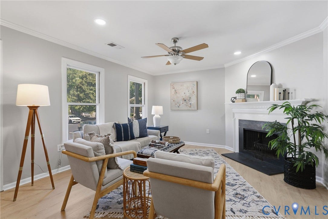55 Dehaven Drive, Henrico, VA 23238 Living area featuring wood-finish flooring, a white mantel fireplace with a dark hearth, recessed lighting, and a ceiling fan