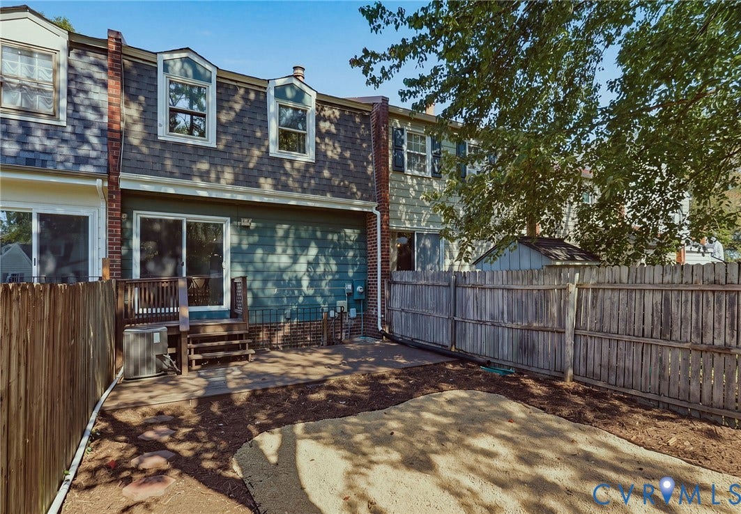 55 Dehaven Drive, Henrico, VA 23238 Rear exterior featuring a wooden deck with railing, sliding glass door access, and a fenced yard