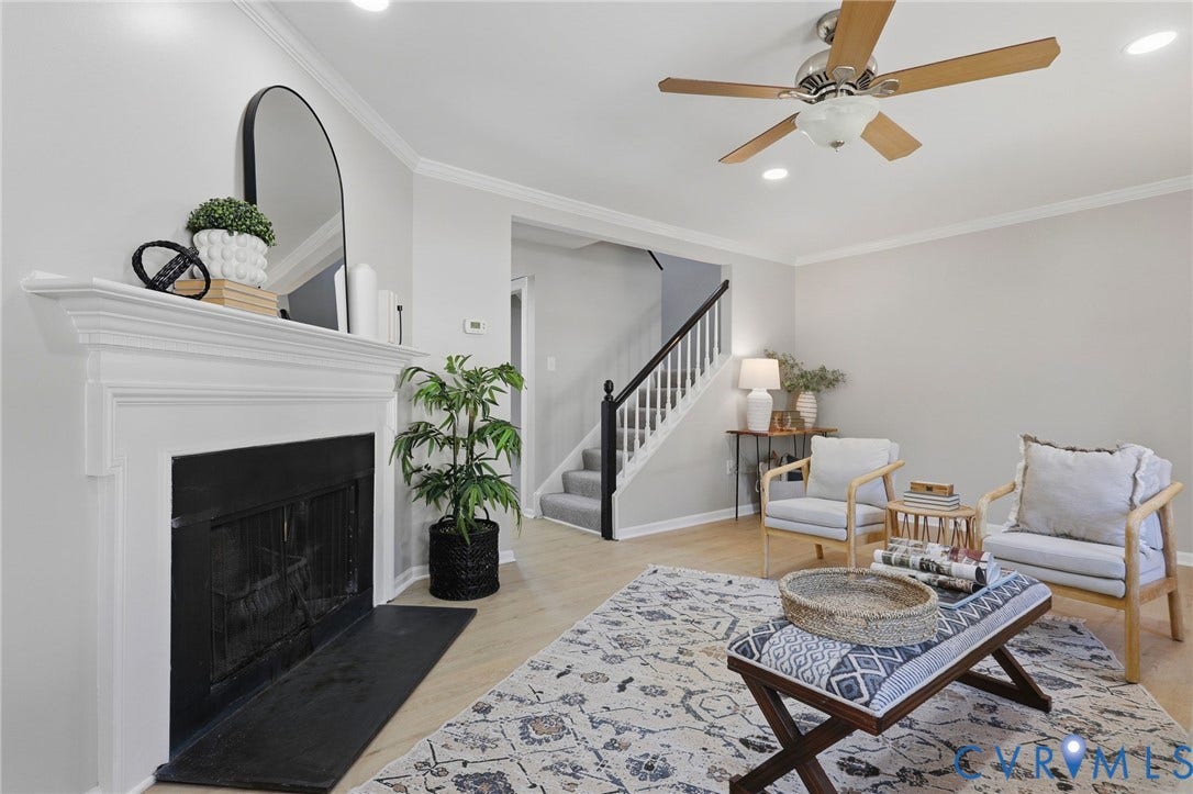 55 Dehaven Drive, Henrico, VA 23238 Living area featuring a fireplace with a white mantel, wood-finish flooring, recessed lighting, and a ceiling fan