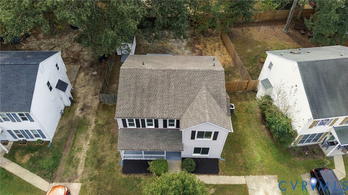 5831 Larrymore Road, Richmond, VA 23225 Two-story residence featuring a shingled roof, light-toned siding, dark shutters, and a covered front porch with a white railing