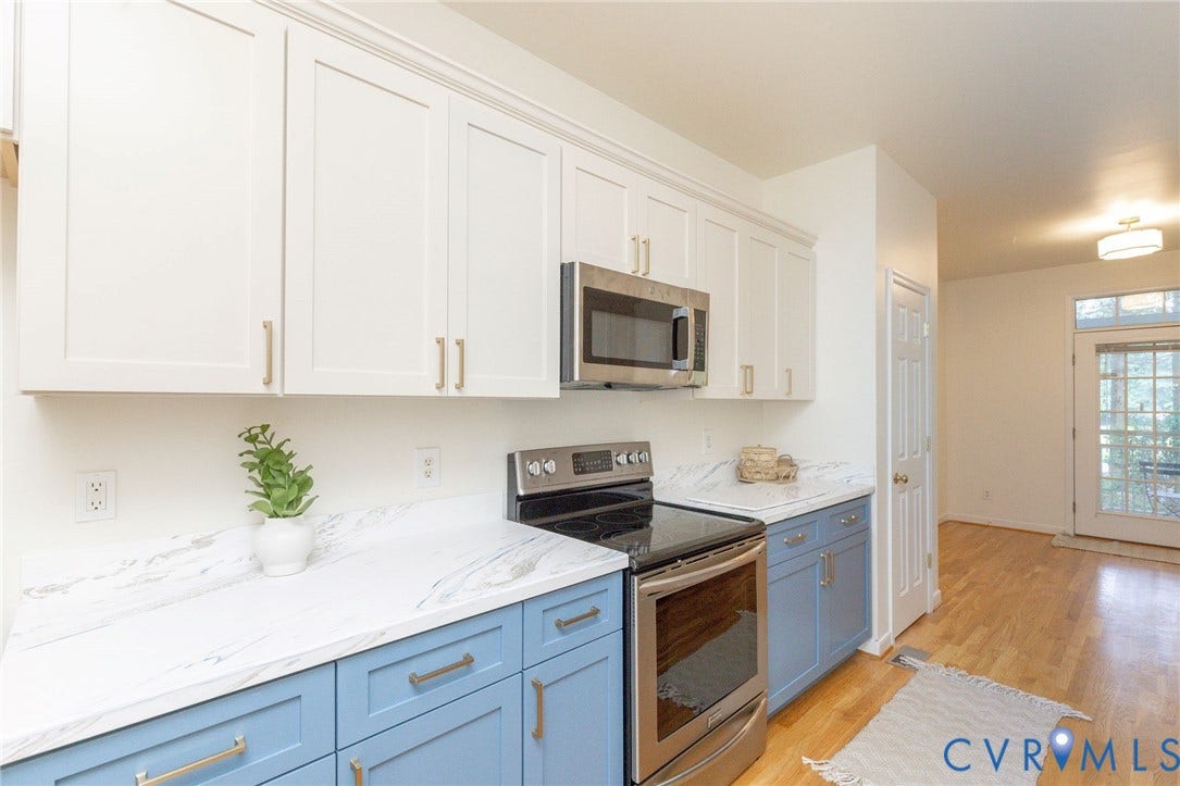 13742 Spyglass Hill Circle, Chesterfield, VA 23832 Kitchen featuring white upper cabinetry, blue lower cabinetry, stone-patterned countertops, stainless steel appliances, and wood-finish flooring