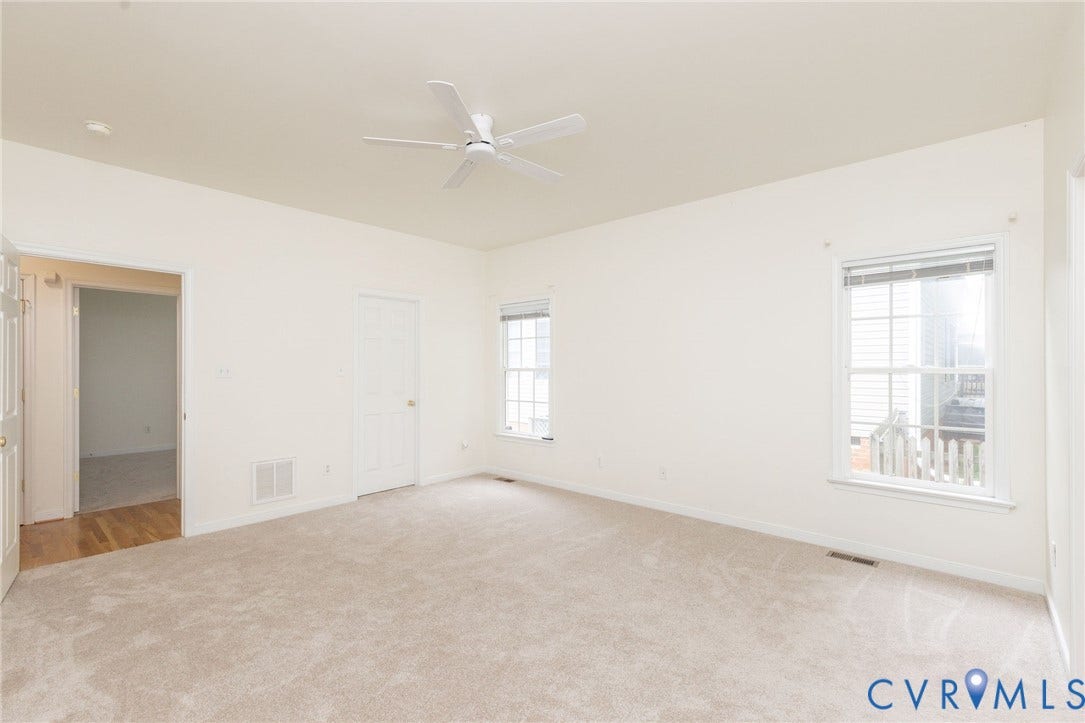 13742 Spyglass Hill Circle, Chesterfield, VA 23832 Neutral-toned carpeted interior featuring a ceiling fan, multiple windows with blinds, and solid-core paneled doors