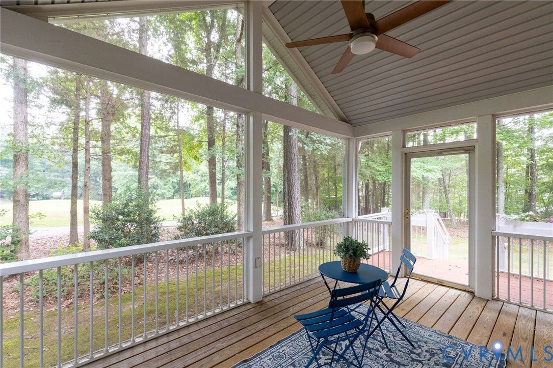 13742 Spyglass Hill Circle, Chesterfield, VA 23832 Screened-in porch featuring vaulted ceilings, wood-plank flooring, ceiling fan, and perimeter railing