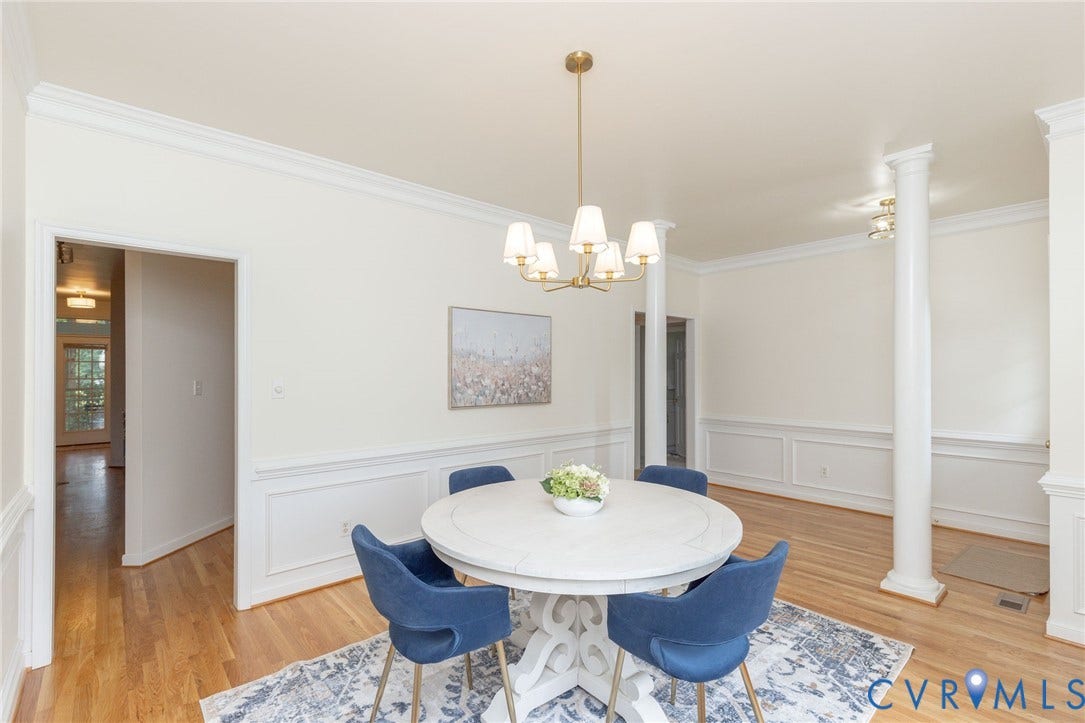 13742 Spyglass Hill Circle, Chesterfield, VA 23832 Dining area featuring wood-finish flooring, wainscoting, decorative columns, and a multi-light chandelier