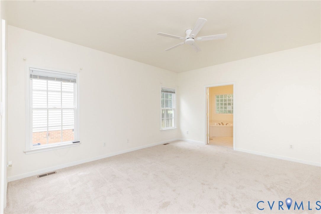 13742 Spyglass Hill Circle, Chesterfield, VA 23832 Neutral-toned wall-to-wall carpeting, white-finished walls, two multi-pane windows, and a white ceiling fan with integrated lighting