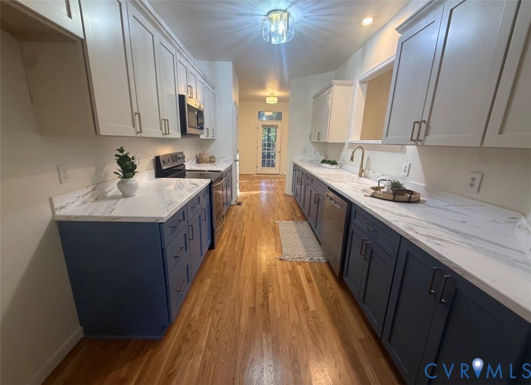 13742 Spyglass Hill Circle, Chesterfield, VA 23832 Kitchen featuring two-tone shaker cabinetry, stone-finish countertops, wood-finish flooring, and built-in stainless steel appliances