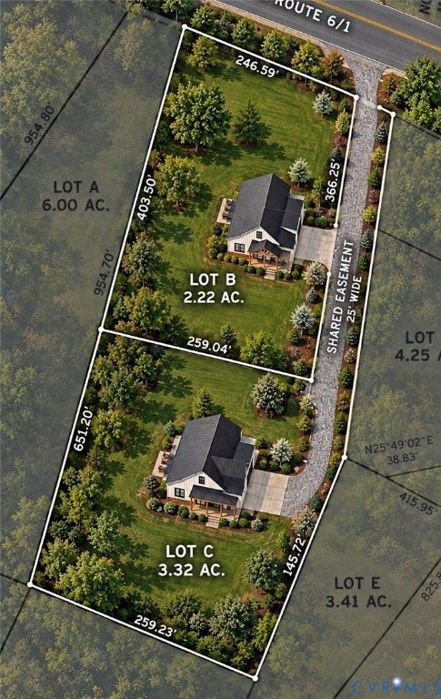 0000 Community House Road, Columbia, VA 23038 Site Plan. Illustrating property boundaries, lot sizes, and a shared easement for multiple parcels