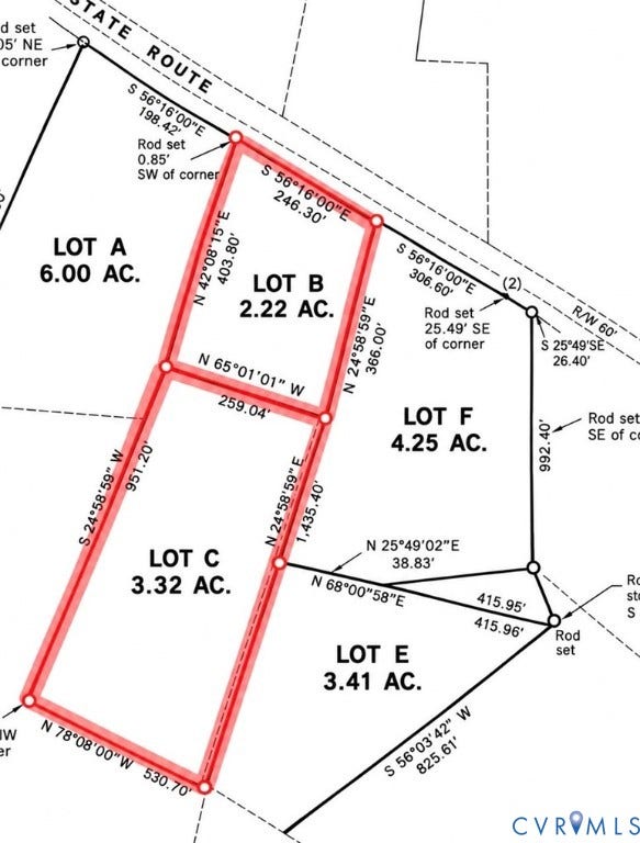 0000 Community House Road, Columbia, VA 23038 Survey Plat. Depicting property boundaries, lot designations, and dimensional data