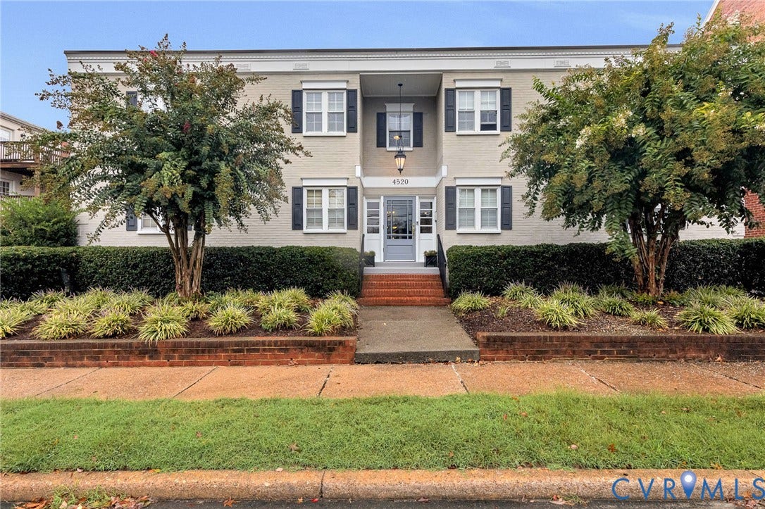 4520 Grove Avenue, #U5, Westhampton, Richmond, VA 23221 Two-story facade with light-colored brick and white trim