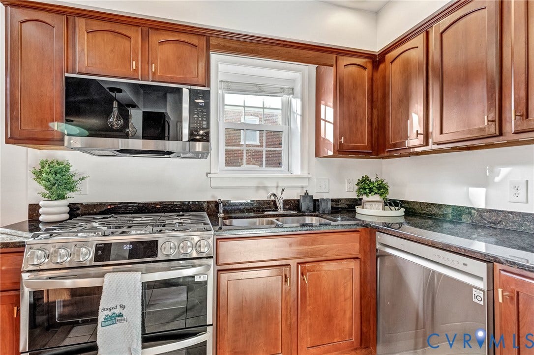 4520 Grove Avenue, #U5, Westhampton, Richmond, VA 23221 Kitchen featuring wood cabinetry, stainless steel appliances, dark stone countertops, and a stainless steel sink