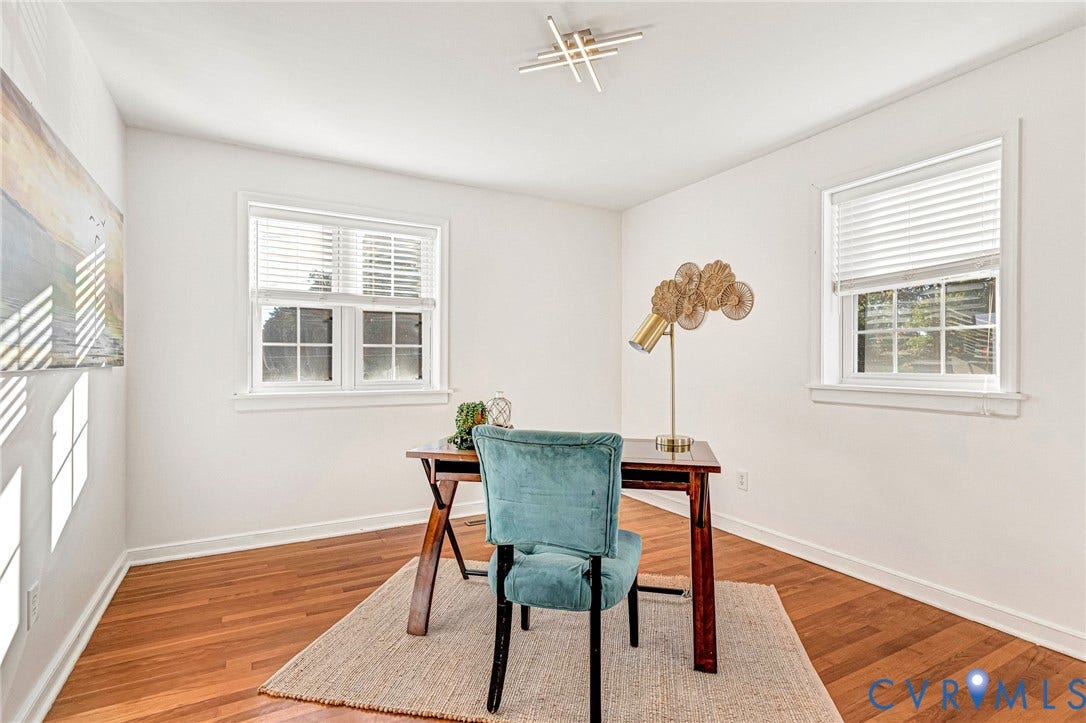 4520 Grove Avenue, #U5, Westhampton, Richmond, VA 23221 Hardwood flooring, two windows with blinds, white walls, and a ceiling-mounted light fixture