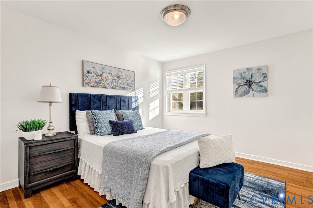 4520 Grove Avenue, #U5, Westhampton, Richmond, VA 23221 Hardwood-finish flooring, white walls, single window with blinds, flush mount ceiling light fixture, and white trim throughout