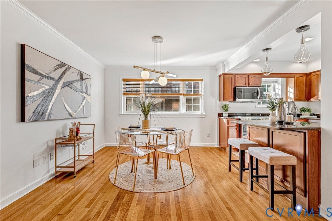 4520 Grove Avenue, #U5, Westhampton, Richmond, VA 23221 Hardwood flooring with a gloss finish, built-in kitchen cabinetry, integrated microwave, pendant lighting, and a breakfast bar with dark countertops