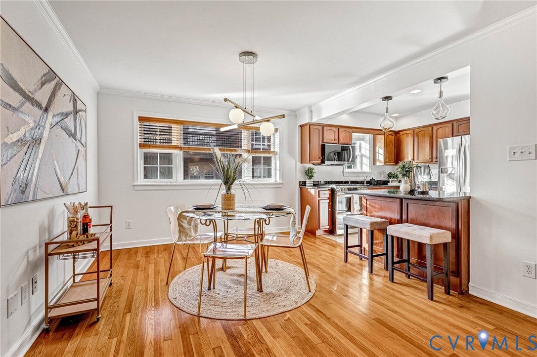 4520 Grove Avenue, #U5, Westhampton, Richmond, VA 23221 Warm wood-finish flooring throughout, bright white walls, and a recessed kitchen featuring dark countertops and wood cabinetry
