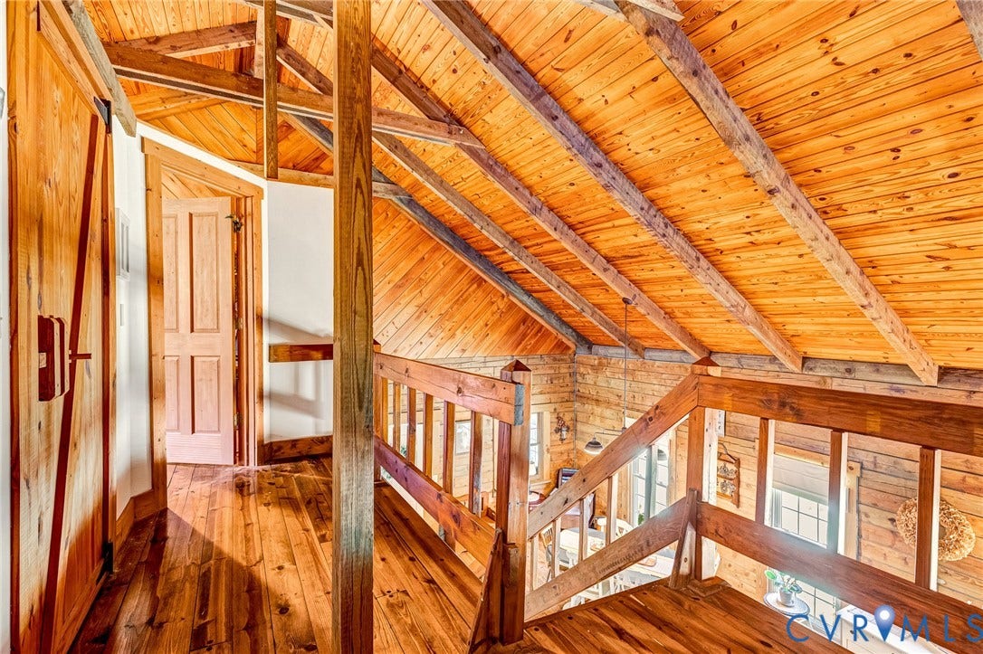 8328 Peaks Road, Hanover, VA 23069 Exposed wood beams, wood-finish flooring, wood paneling, wood railing, and a solid wood door