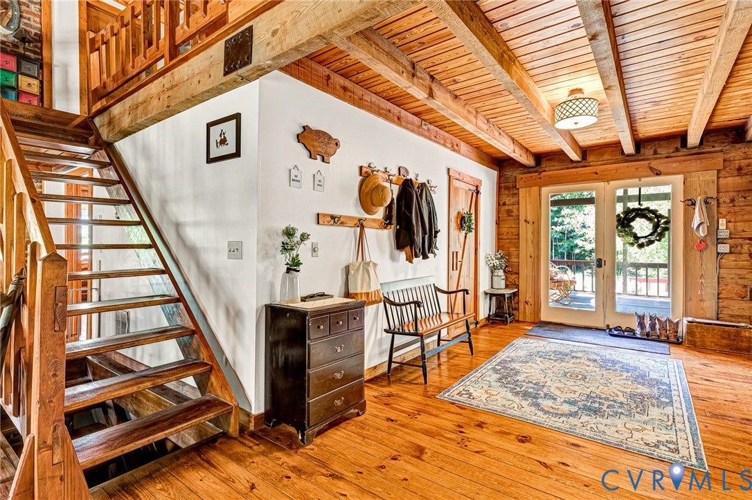 8328 Peaks Road, Hanover, VA 23069 Wood-finish flooring throughout, exposed wood beams, wood staircase with open risers, and wood-paneled walls