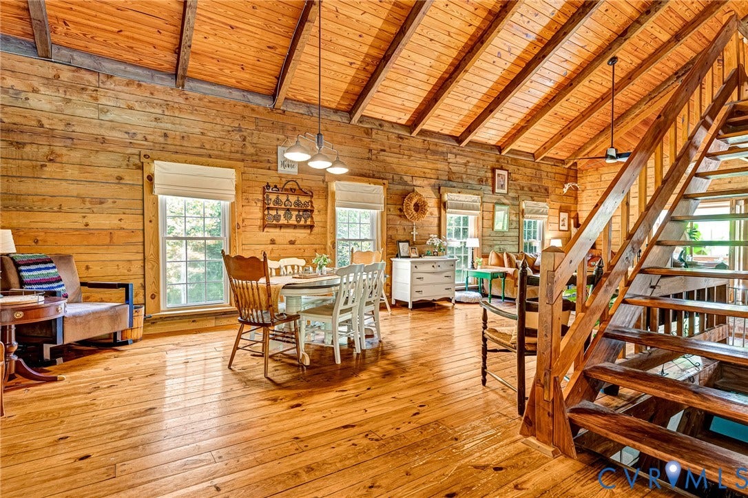8328 Peaks Road, Hanover, VA 23069 Exposed beam ceiling with wood paneling, wood-finish flooring, and natural wood walls
